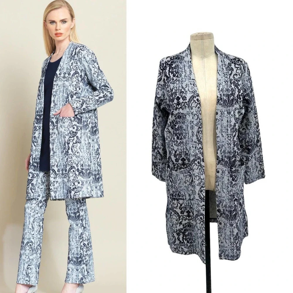 Clara Sun Woo Scroll Filigree Long Open Front‎ Cardigan Blue Gray Size Small